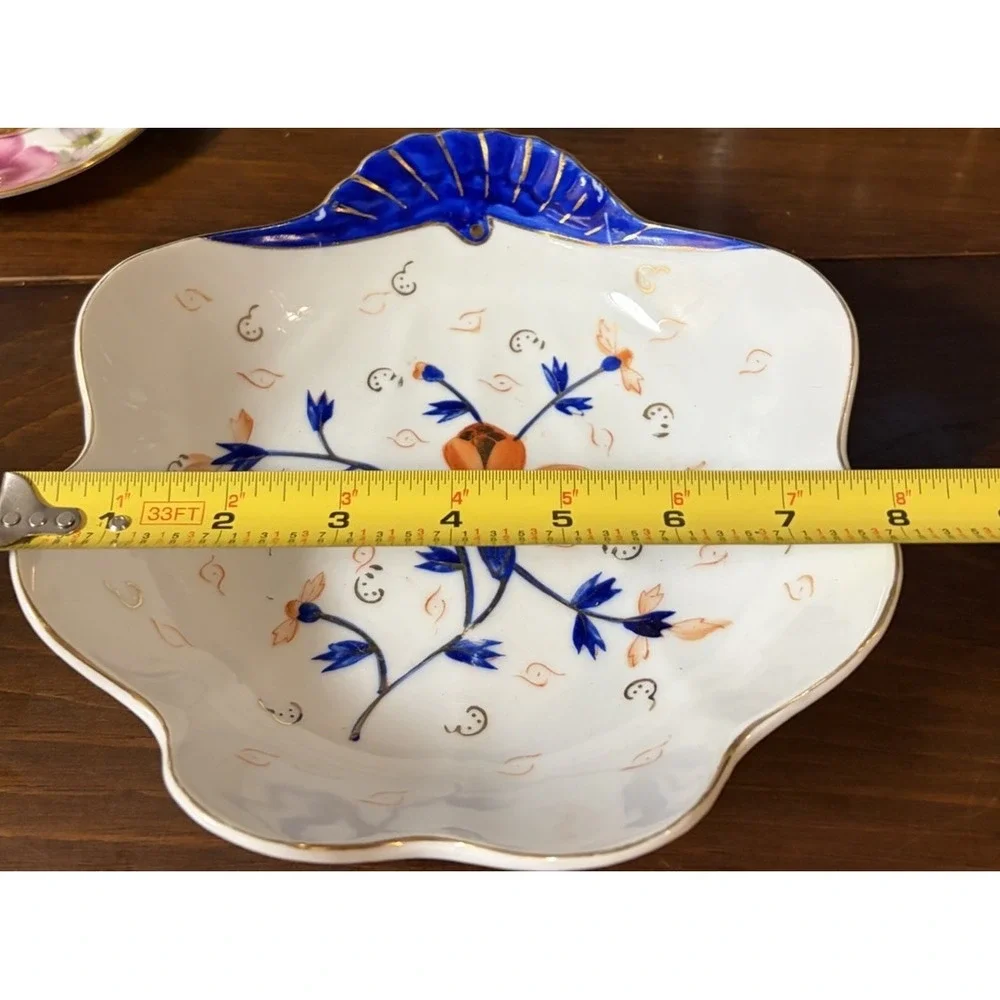 Antique Japanese Style Hand Painted Porcelain Bowl Cobalt Blue Orange Gold 8.5